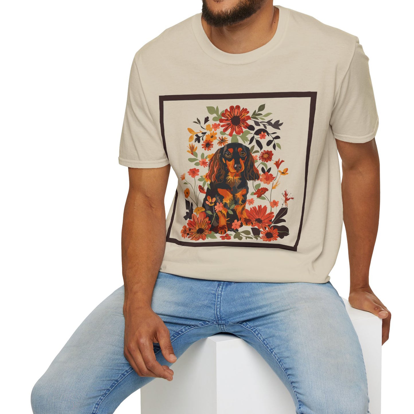 "Bouquet" Black & Tan Long-Haired Dachshund Unisex Softstyle T-Shirt