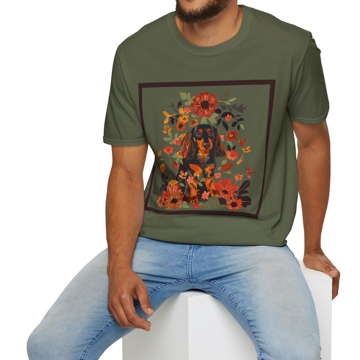 "Bouquet" Black & Tan Long-Haired Dachshund Unisex Softstyle T-Shirt