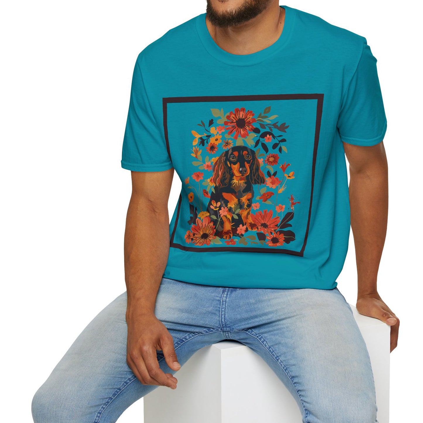 "Bouquet" Black & Tan Long-Haired Dachshund Unisex Softstyle T-Shirt