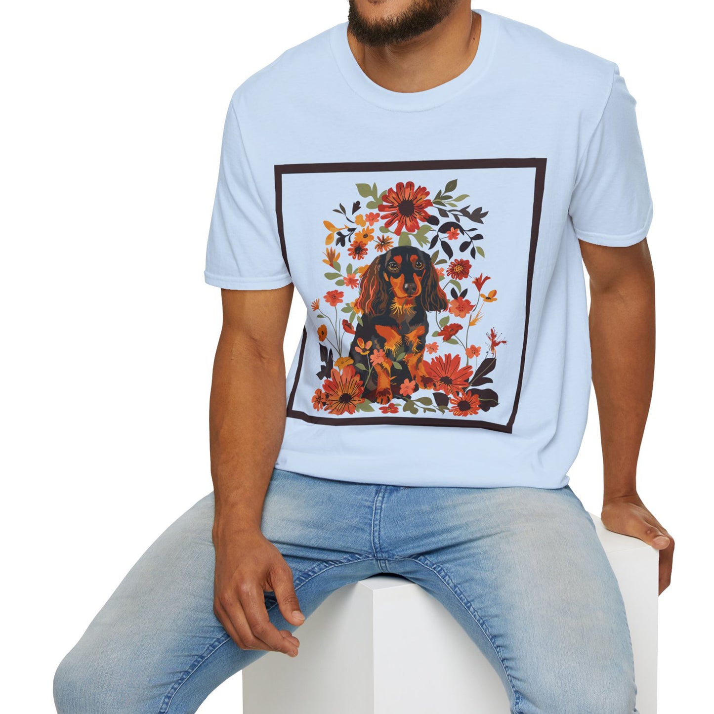 "Bouquet" Black & Tan Long-Haired Dachshund Unisex Softstyle T-Shirt
