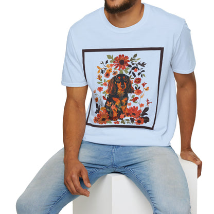 "Bouquet" Black & Tan Long-Haired Dachshund Unisex Softstyle T-Shirt