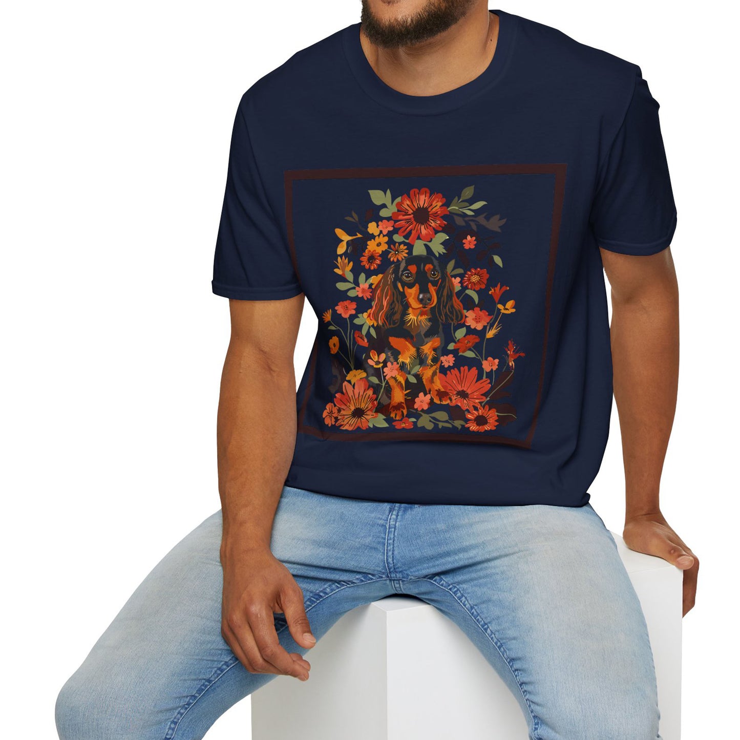 "Bouquet" Black & Tan Long-Haired Dachshund Unisex Softstyle T-Shirt