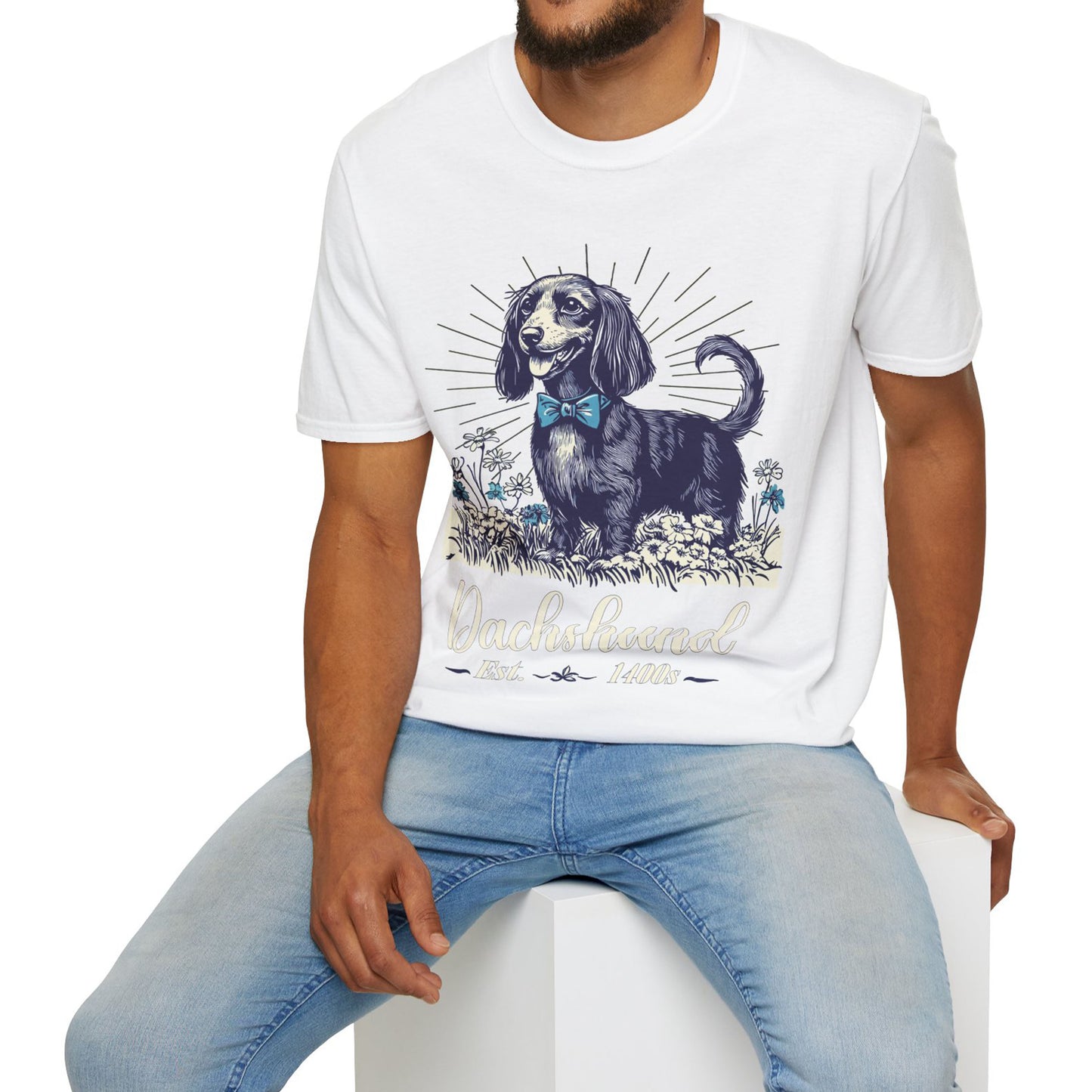 "Circa" Black & Tan Long-Haired Dachshund Unisex Softstyle T-Shirt