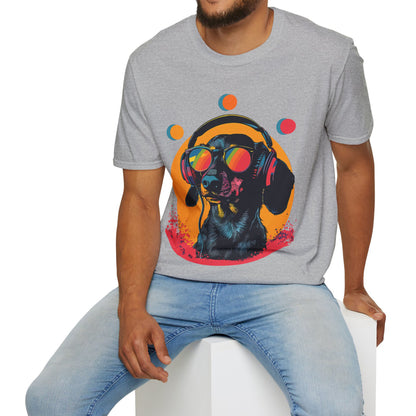 "Groove On" Black & Tan Smooth-Haired Dachshund Unisex Softstyle T-Shirt