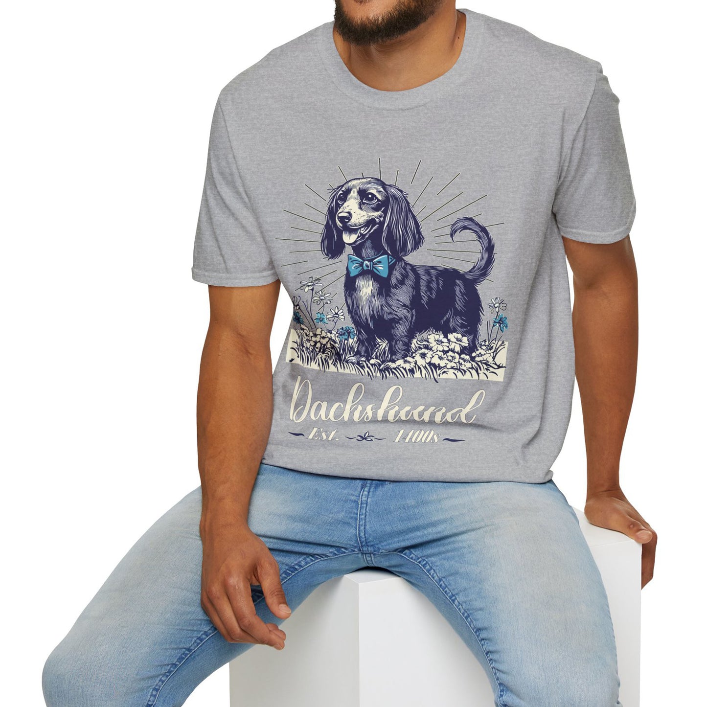 "Circa" Black & Tan Long-Haired Dachshund Unisex Softstyle T-Shirt