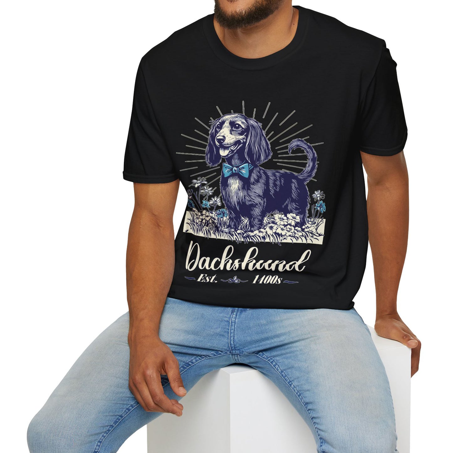 "Circa" Black & Tan Long-Haired Dachshund Unisex Softstyle T-Shirt