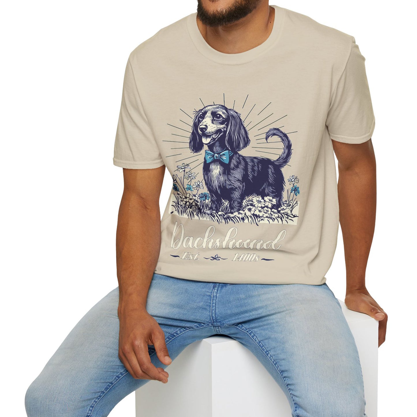 "Circa" Black & Tan Long-Haired Dachshund Unisex Softstyle T-Shirt