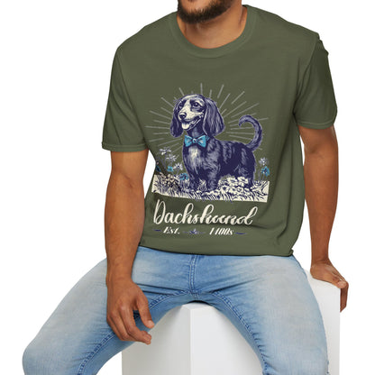"Circa" Black & Tan Long-Haired Dachshund Unisex Softstyle T-Shirt