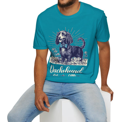 "Circa" Black & Tan Long-Haired Dachshund Unisex Softstyle T-Shirt