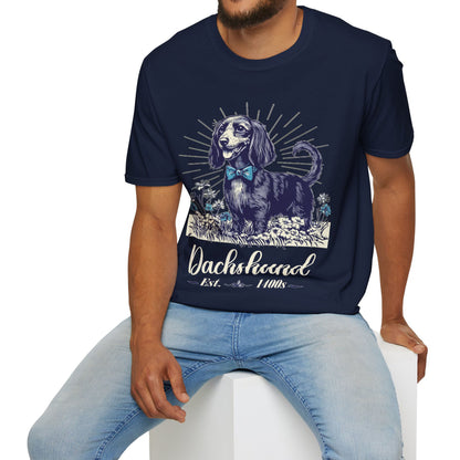 "Circa" Black & Tan Long-Haired Dachshund Unisex Softstyle T-Shirt