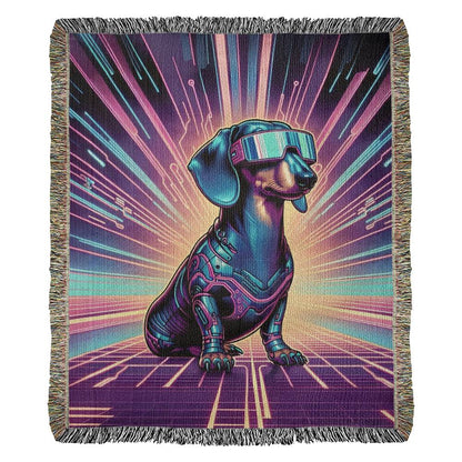 "Cyber Pup" Black Smooth-Haired Dachshund Sci-Fi Inspired Woven Blanket