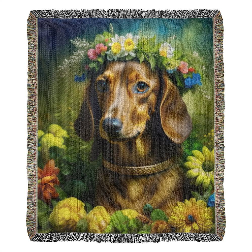 "Sage" Chocolate Smooth-Haired Dachshund Floral Impressionism Woven Blanket