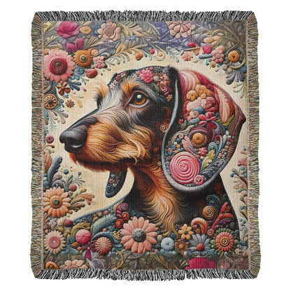 "Blooming" Wire-Haired Dachshund Floral Embroidery Inspired Woven Blanket