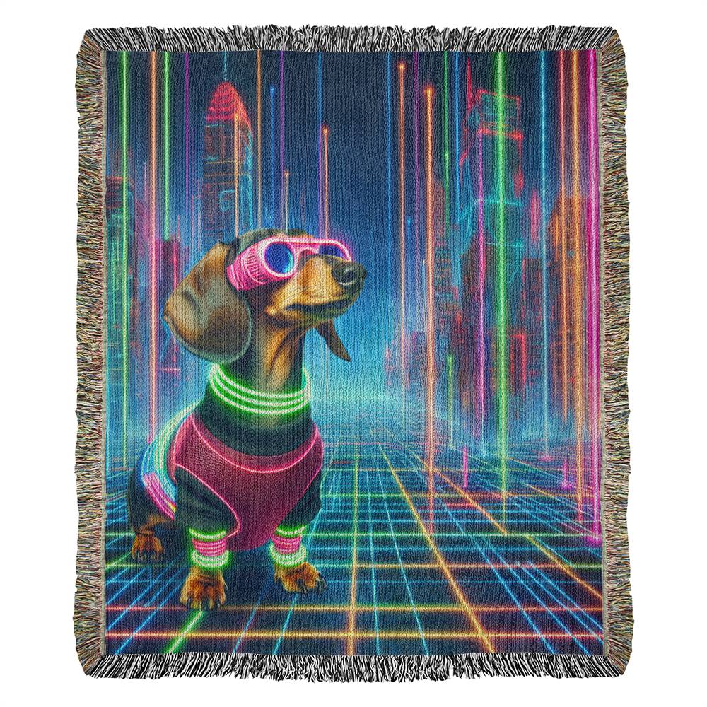 "The Dachshund Has Entered The Grid" Tan Smooth-Haired Dachshund Sci-Fi Inspired Woven Blanket