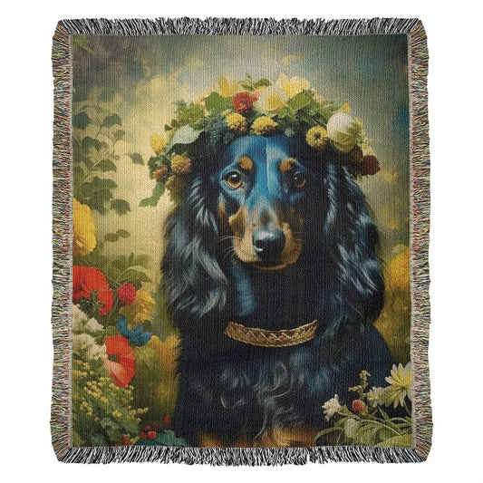 "Ebony Tresses" Black and Tan Long-Haired Dachshund Floral Impressionism Woven Blanket