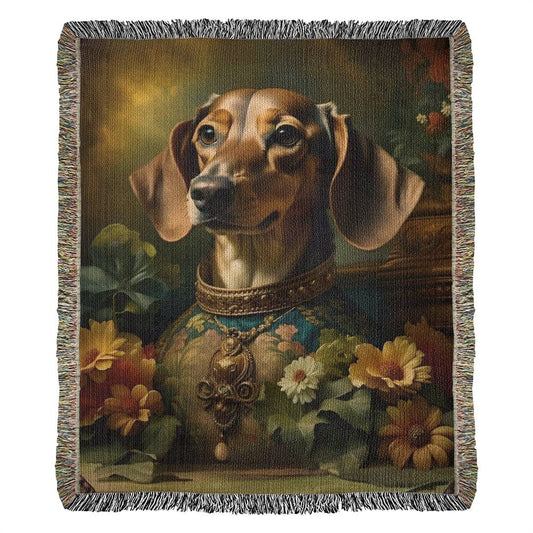 "The Duke of Doxie" Brown Smooth-Haired Dachshund Floral Impressionism Woven Blanket