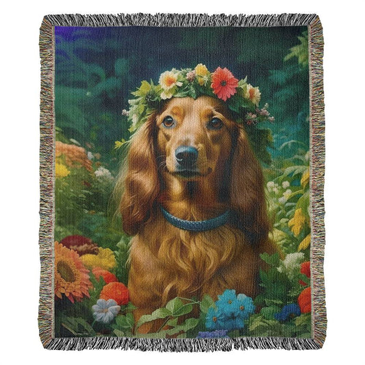 "Ruby-Locks" Red Long-Haired Dachshund Floral Impressionism Woven Blanket