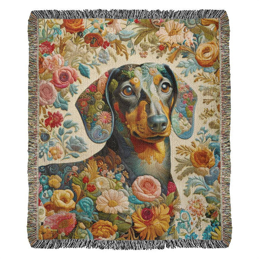 "Crafted" Black & Tan Smooth-Haired Dachshund Colorful Embroidery Inspired Woven Blanket