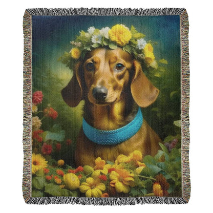 "Daisies" Brown Smooth-Haired Dachshund Floral Impressionism Woven Blanket