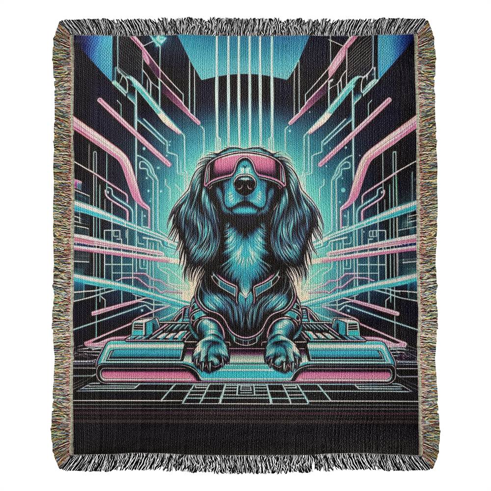 "Data" Long-Haired Dachshund Sci-Fi Inspired Woven Blanket