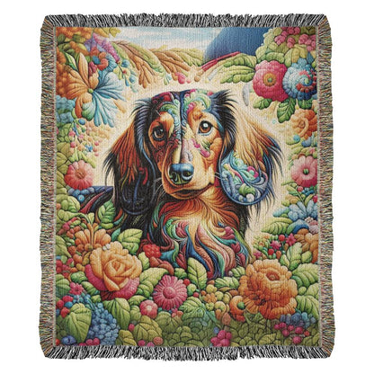 "Floral Field" Long-Haired Dachshund Floral Embroidery Inspired Woven Blanket