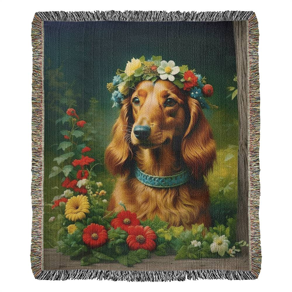 "Crimson-Locks" Red Long-Haired Dachshund Floral Impressionism Woven Blanket