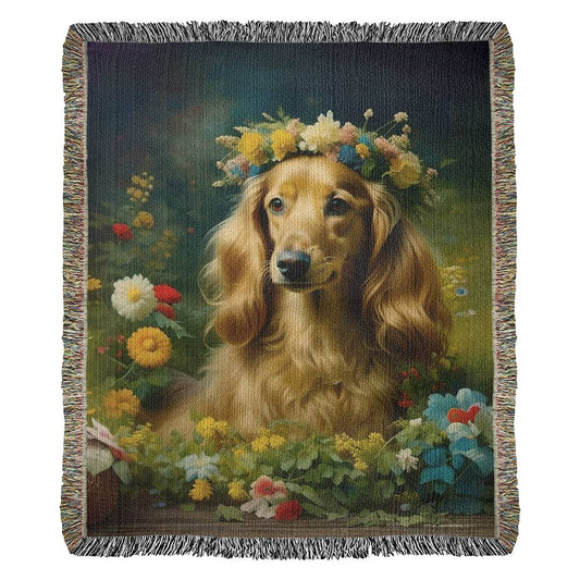 "Sweet Long Face" Cream-Colored Long-Haired Dachshund Floral Impressionism Woven Blanket