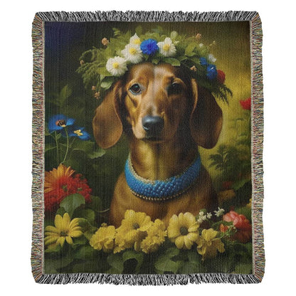 "Cobalt" Brown Smooth-Haired Dachshund Floral Impressionism Woven Blanket