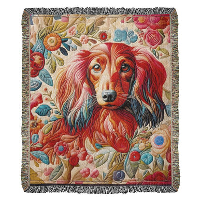 "Quilted" Red Long-Haired Dachshund Floral Embroidery Inspired Woven Blanket