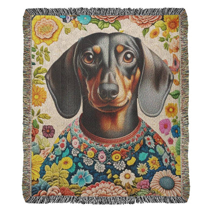 "I'm Sew Into Dachshunds" Black & Tan Smooth-Haired Dachshund Floral Embroidery Inspired Woven Blanket