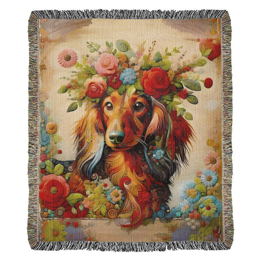 "Floral Flourish" Red Long-Haired Dachshund Floral Embroidery Inspired Woven Blanket