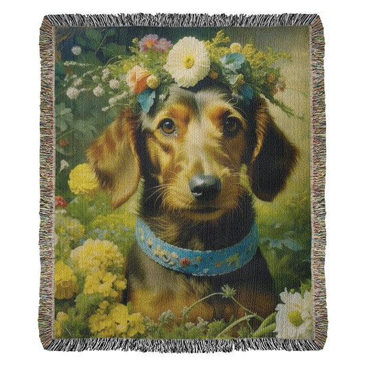 "Wire Me Some Cuteness" Wire-Haired Dachshund Floral Impressionism Woven Blanket