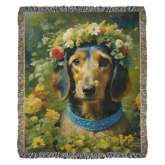 "Don't Get Your Wires Crossed, I'm Cute" Wire-Haired Dachshund Floral Impressionism Woven Blanket