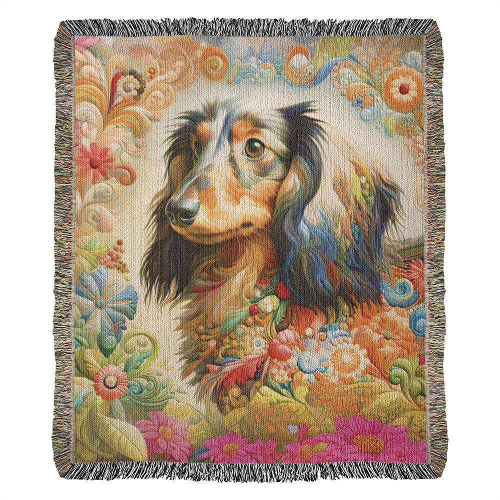 "Stitched Splendor" Long-Haired Dachshund Colorful Floral Embroidery Inspired Woven Blanket