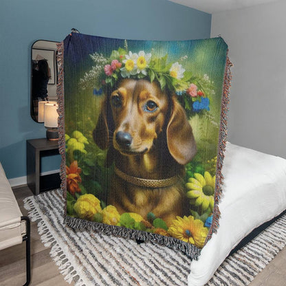 "Sage" Chocolate Smooth-Haired Dachshund Floral Impressionism Woven Blanket