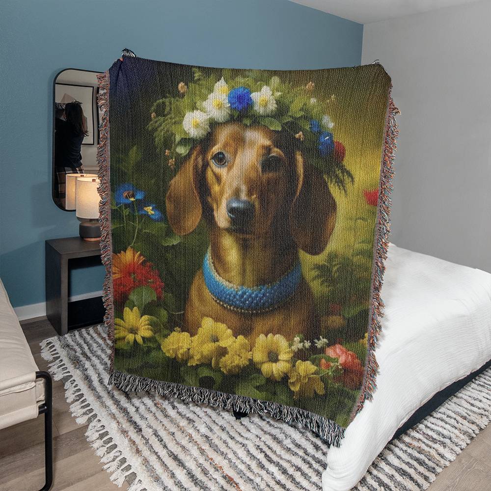 "Cobalt" Brown Smooth-Haired Dachshund Floral Impressionism Woven Blanket