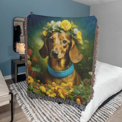 "Daisies" Brown Smooth-Haired Dachshund Floral Impressionism Woven Blanket