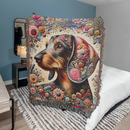 "Blooming" Wire-Haired Dachshund Floral Embroidery Inspired Woven Blanket