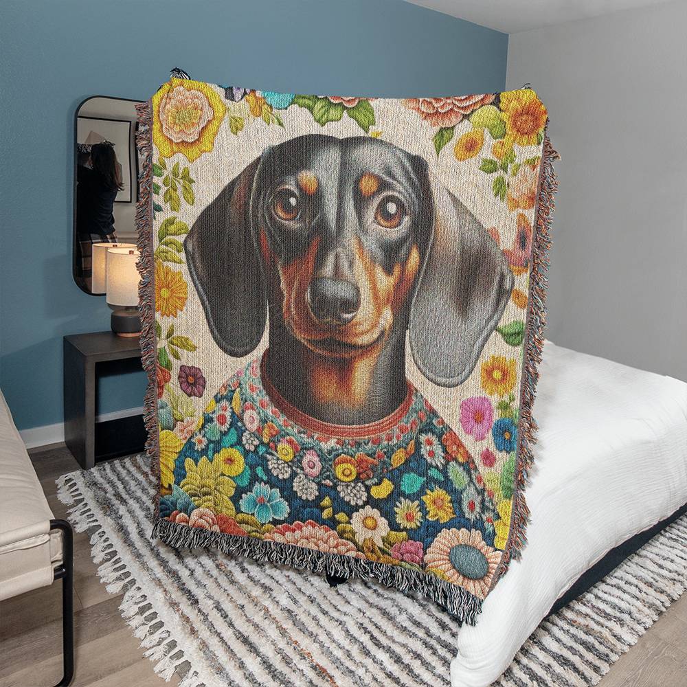 "I'm Sew Into Dachshunds" Black & Tan Smooth-Haired Dachshund Floral Embroidery Inspired Woven Blanket