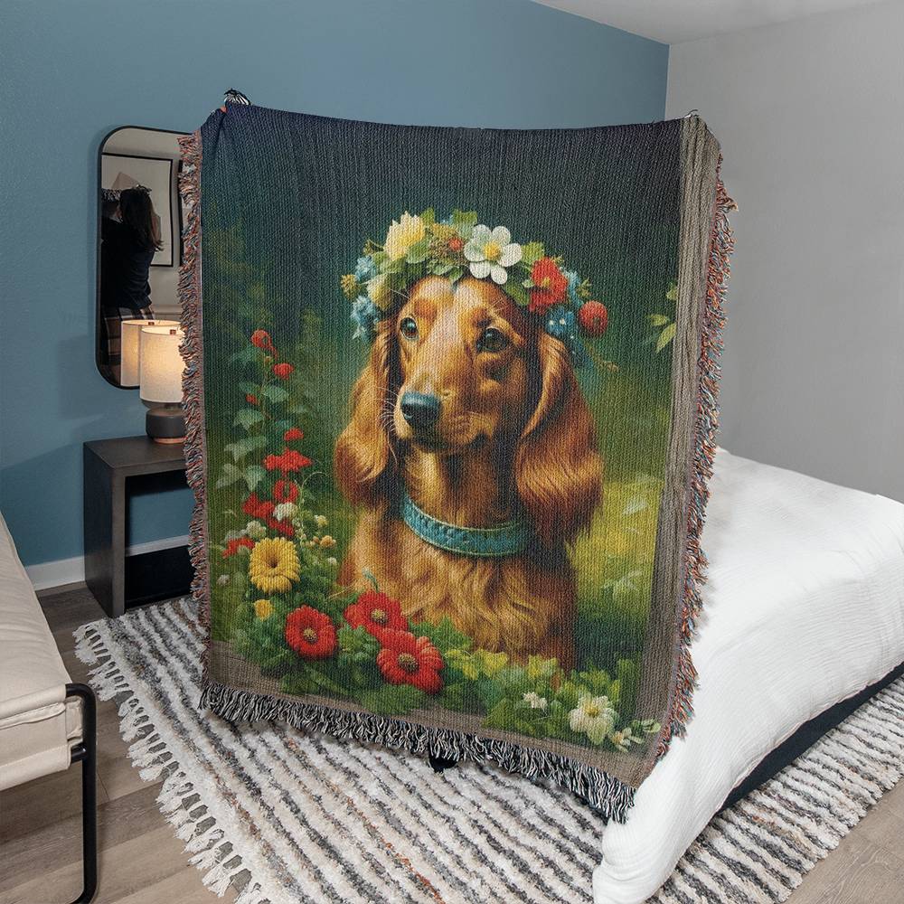 "Crimson-Locks" Red Long-Haired Dachshund Floral Impressionism Woven Blanket