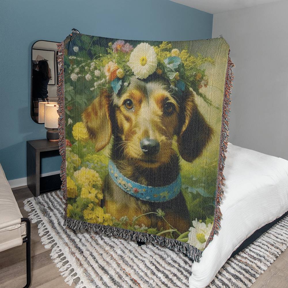 "Wire Me Some Cuteness" Wire-Haired Dachshund Floral Impressionism Woven Blanket