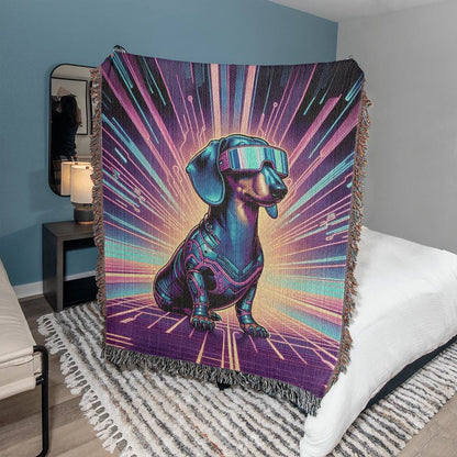 "Cyber Pup" Black Smooth-Haired Dachshund Sci-Fi Inspired Woven Blanket