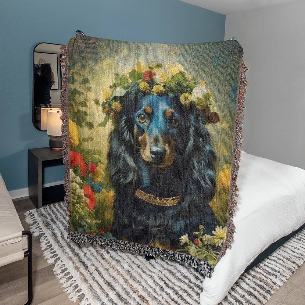 "Ebony Tresses" Black and Tan Long-Haired Dachshund Floral Impressionism Woven Blanket