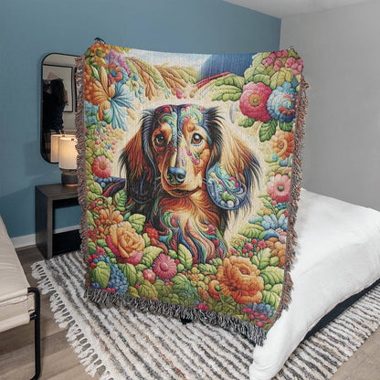 "Floral Field" Long-Haired Dachshund Floral Embroidery Inspired Woven Blanket