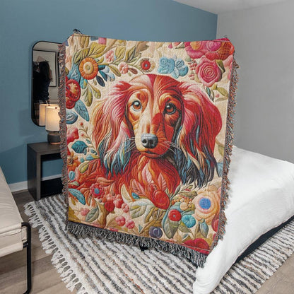 "Quilted" Red Long-Haired Dachshund Floral Embroidery Inspired Woven Blanket