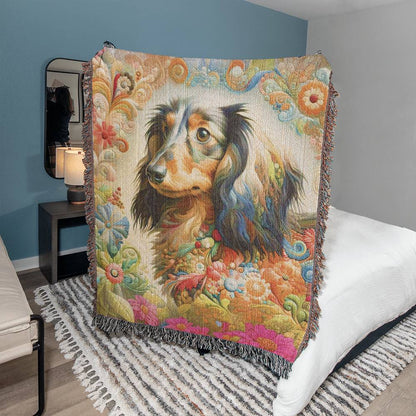 "Stitched Splendor" Long-Haired Dachshund Colorful Floral Embroidery Inspired Woven Blanket