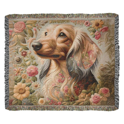 "Threaded Dreams" Cream-Colored Long-Haired Dachshund Green Embroidery Inspired Woven Blanket