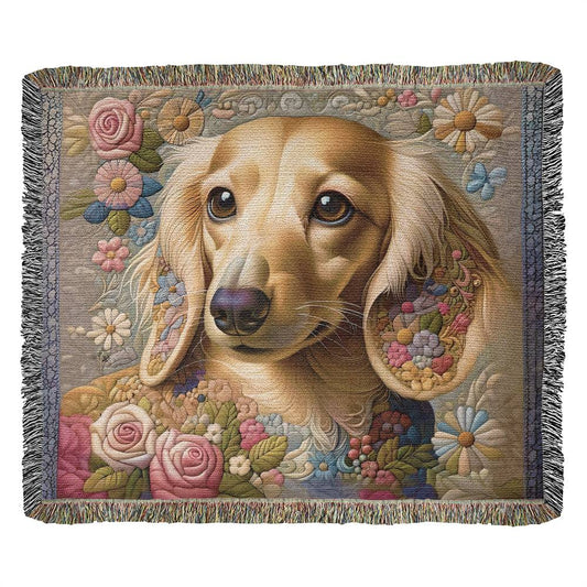 "Stitched Petals" Cream-Colored Long-Haired Dachshund Floral Embroidery Inspired Woven Blanket