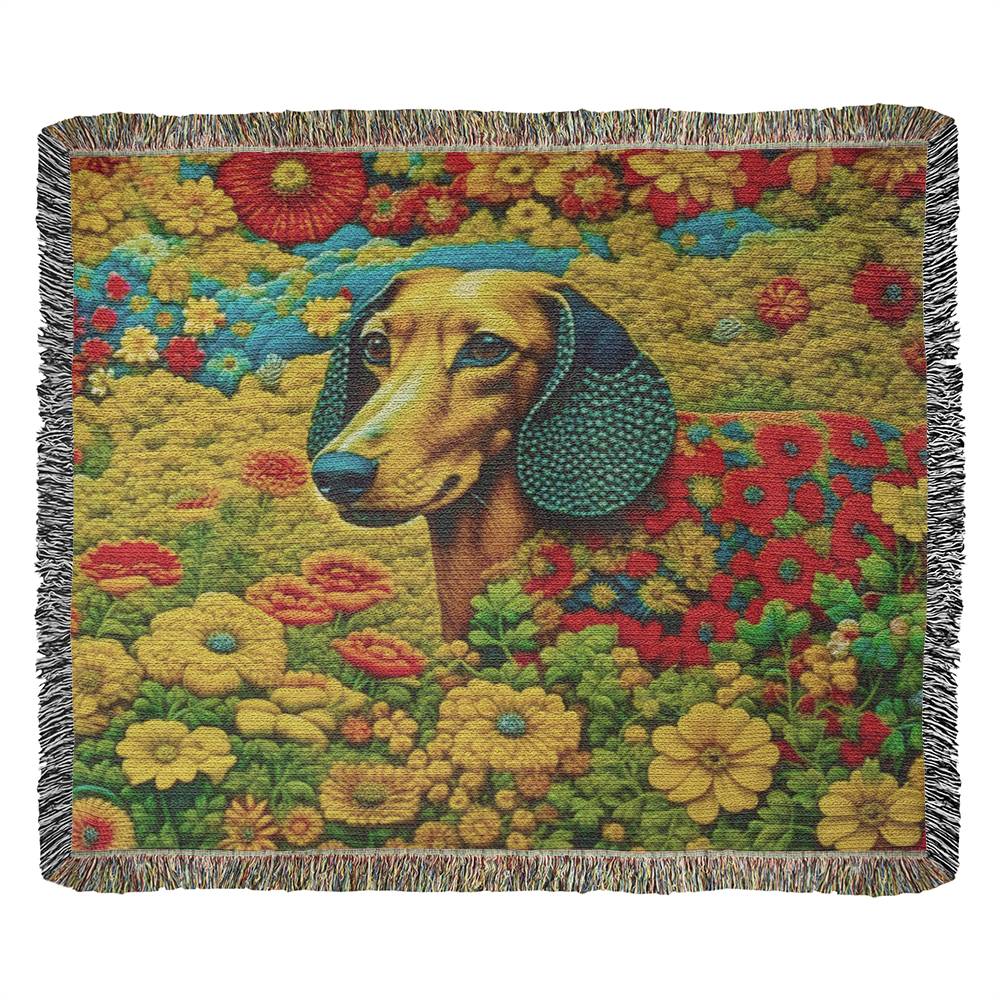 "I am SEW a flower!" Tan Smooth-Haired Dachshund Floral Embroidery Inspired Woven Blanket