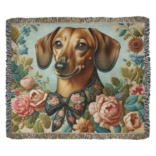 "Bow-Tied" Brown Smooth-Haired Dachshund Blue Floral Embroidery Inspired Woven Blanket